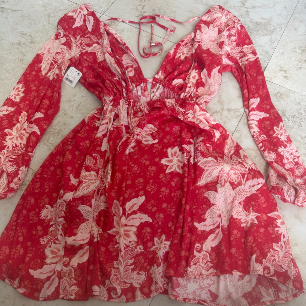 Free People Red Floral Mini Dress with Cream Print